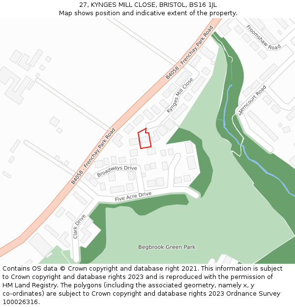 27, KYNGES MILL CLOSE, BRISTOL, BS16 1JL: Location map and indicative extent of plot