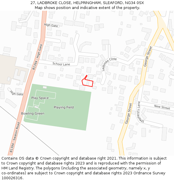 27, LADBROKE CLOSE, HELPRINGHAM, SLEAFORD, NG34 0SX: Location map and indicative extent of plot