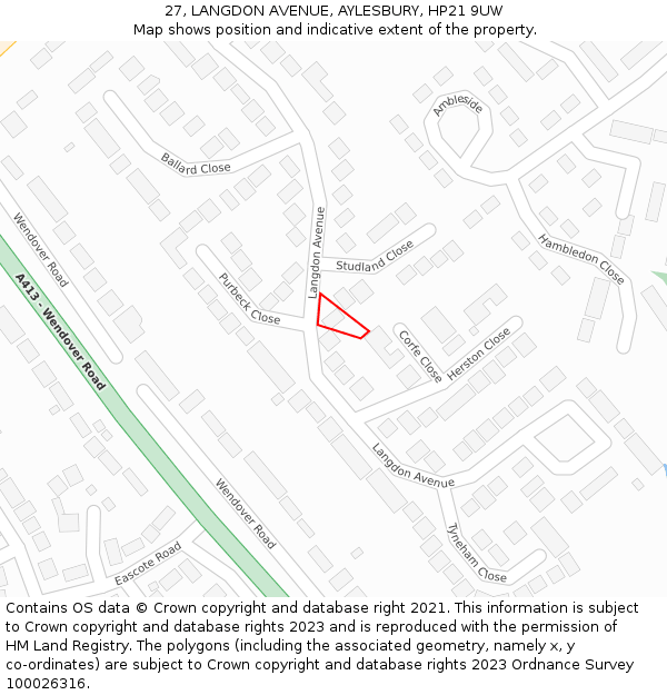 27, LANGDON AVENUE, AYLESBURY, HP21 9UW: Location map and indicative extent of plot