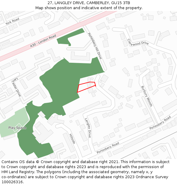 27, LANGLEY DRIVE, CAMBERLEY, GU15 3TB: Location map and indicative extent of plot