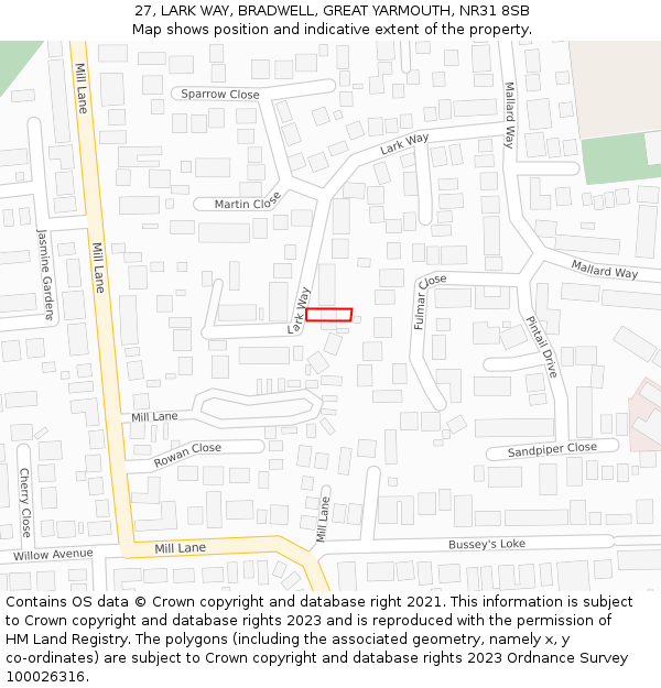 27, LARK WAY, BRADWELL, GREAT YARMOUTH, NR31 8SB: Location map and indicative extent of plot