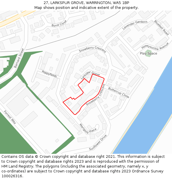 27, LARKSPUR GROVE, WARRINGTON, WA5 1BP: Location map and indicative extent of plot