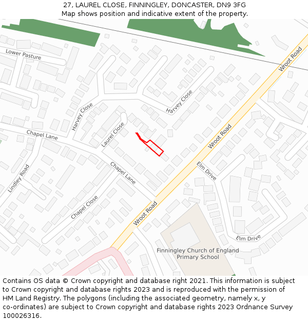 27, LAUREL CLOSE, FINNINGLEY, DONCASTER, DN9 3FG: Location map and indicative extent of plot
