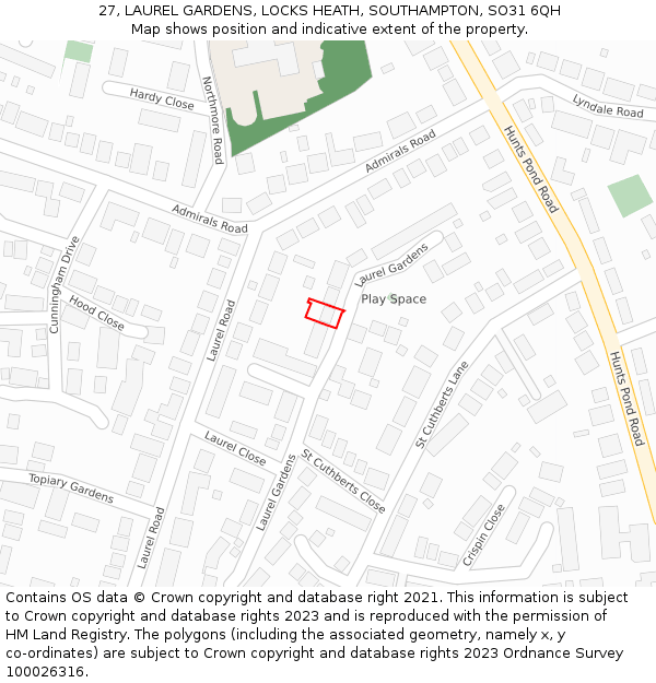27, LAUREL GARDENS, LOCKS HEATH, SOUTHAMPTON, SO31 6QH: Location map and indicative extent of plot