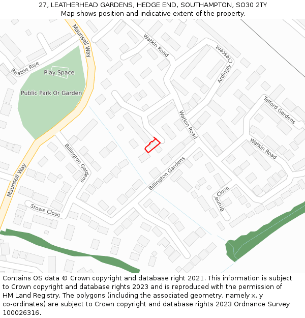 27, LEATHERHEAD GARDENS, HEDGE END, SOUTHAMPTON, SO30 2TY: Location map and indicative extent of plot