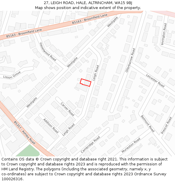 27, LEIGH ROAD, HALE, ALTRINCHAM, WA15 9BJ: Location map and indicative extent of plot