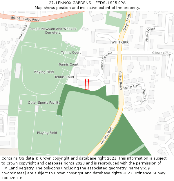 27, LENNOX GARDENS, LEEDS, LS15 0PA: Location map and indicative extent of plot