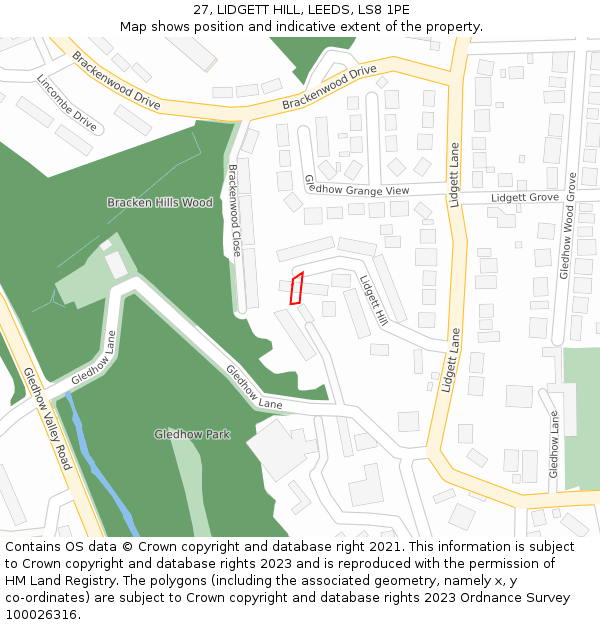 27, LIDGETT HILL, LEEDS, LS8 1PE: Location map and indicative extent of plot