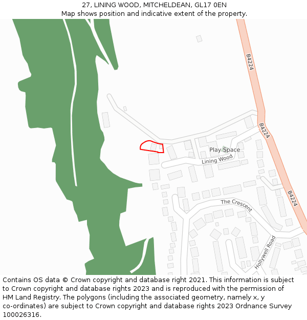 27, LINING WOOD, MITCHELDEAN, GL17 0EN: Location map and indicative extent of plot