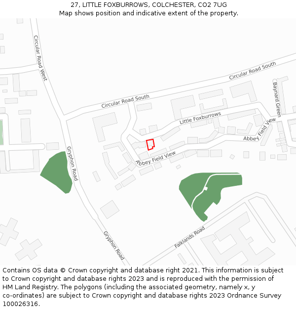 27, LITTLE FOXBURROWS, COLCHESTER, CO2 7UG: Location map and indicative extent of plot