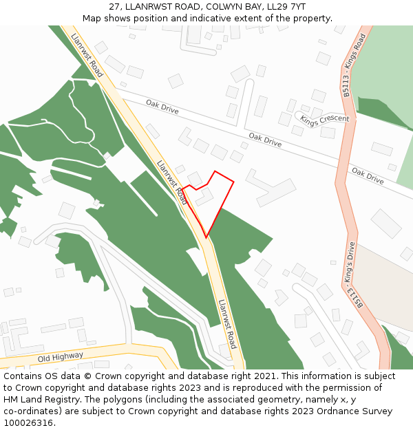 27, LLANRWST ROAD, COLWYN BAY, LL29 7YT: Location map and indicative extent of plot
