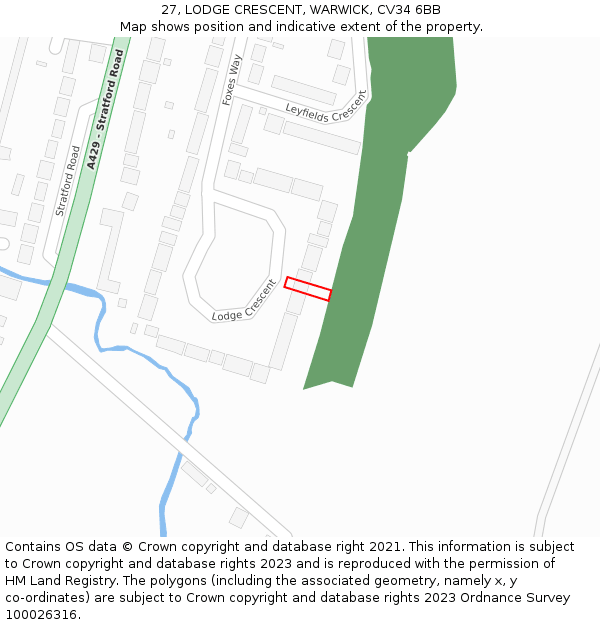 27, LODGE CRESCENT, WARWICK, CV34 6BB: Location map and indicative extent of plot