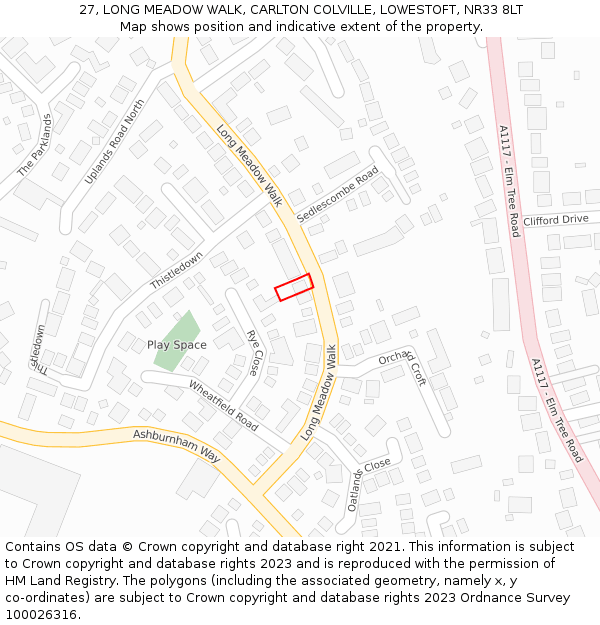 27, LONG MEADOW WALK, CARLTON COLVILLE, LOWESTOFT, NR33 8LT: Location map and indicative extent of plot