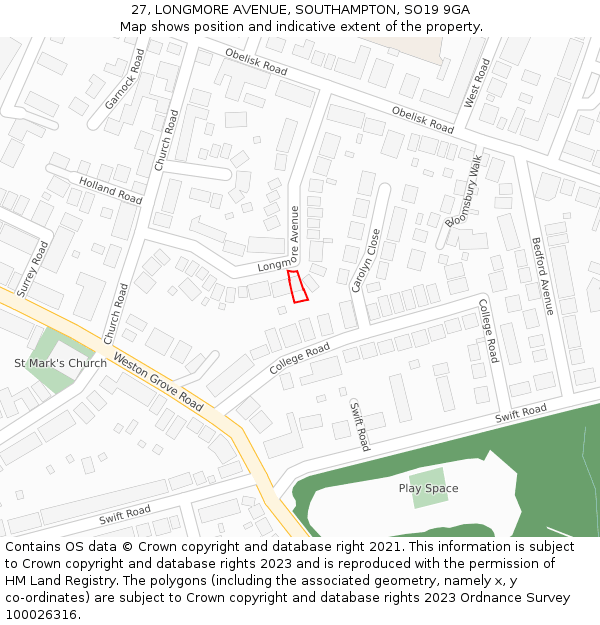27, LONGMORE AVENUE, SOUTHAMPTON, SO19 9GA: Location map and indicative extent of plot