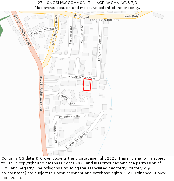 27, LONGSHAW COMMON, BILLINGE, WIGAN, WN5 7JD: Location map and indicative extent of plot