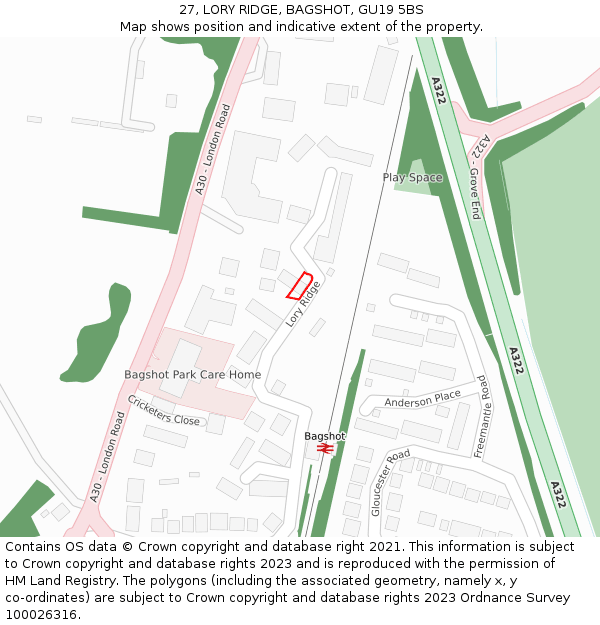 27, LORY RIDGE, BAGSHOT, GU19 5BS: Location map and indicative extent of plot
