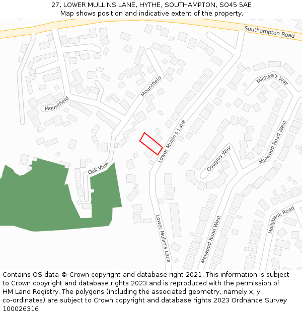 27, LOWER MULLINS LANE, HYTHE, SOUTHAMPTON, SO45 5AE: Location map and indicative extent of plot