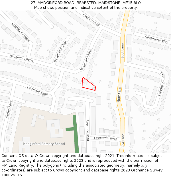 27, MADGINFORD ROAD, BEARSTED, MAIDSTONE, ME15 8LQ: Location map and indicative extent of plot