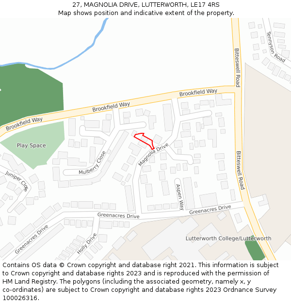 27, MAGNOLIA DRIVE, LUTTERWORTH, LE17 4RS: Location map and indicative extent of plot