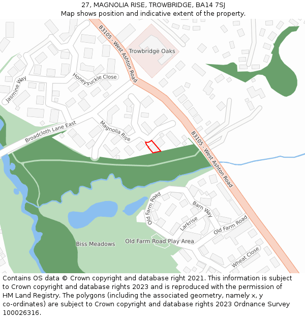 27, MAGNOLIA RISE, TROWBRIDGE, BA14 7SJ: Location map and indicative extent of plot