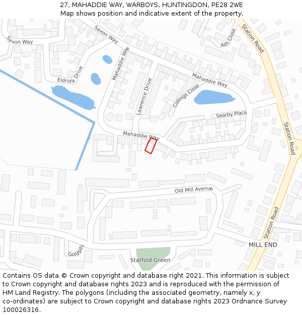 27, MAHADDIE WAY, WARBOYS, HUNTINGDON, PE28 2WE: Location map and indicative extent of plot
