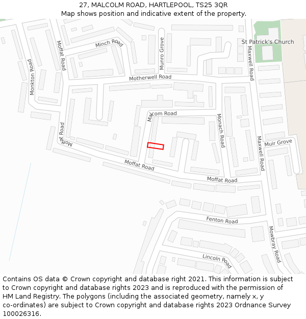 27, MALCOLM ROAD, HARTLEPOOL, TS25 3QR: Location map and indicative extent of plot