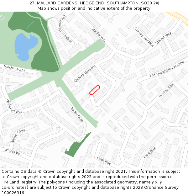 27, MALLARD GARDENS, HEDGE END, SOUTHAMPTON, SO30 2XJ: Location map and indicative extent of plot