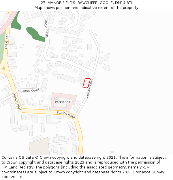 27, MANOR FIELDS, RAWCLIFFE, GOOLE, DN14 8TL: Location map and indicative extent of plot