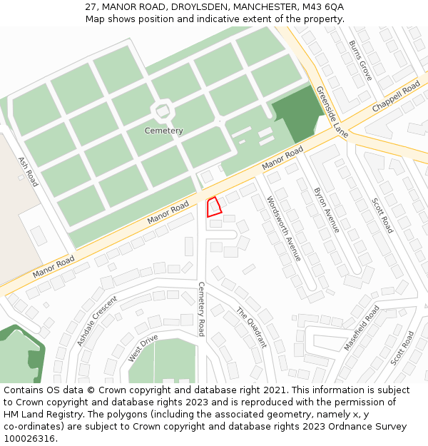 27, MANOR ROAD, DROYLSDEN, MANCHESTER, M43 6QA: Location map and indicative extent of plot