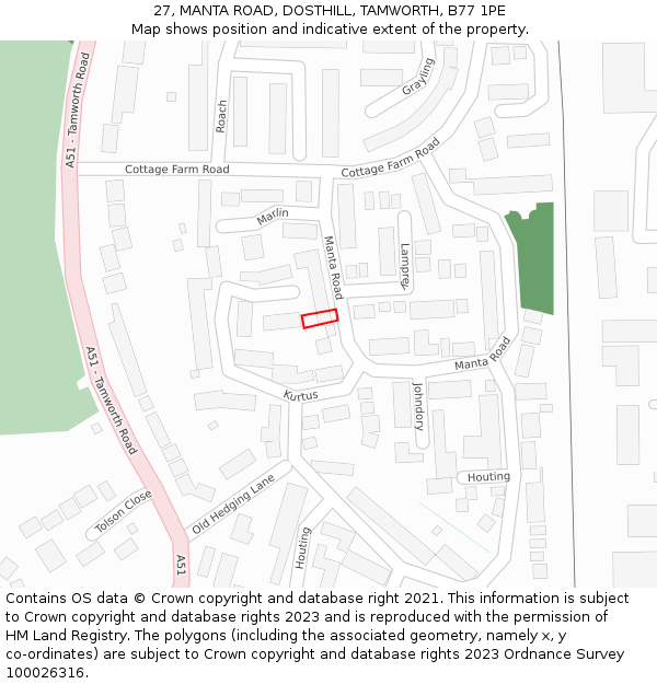 27, MANTA ROAD, DOSTHILL, TAMWORTH, B77 1PE: Location map and indicative extent of plot