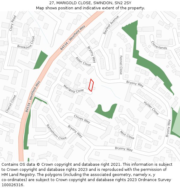 27, MARIGOLD CLOSE, SWINDON, SN2 2SY: Location map and indicative extent of plot