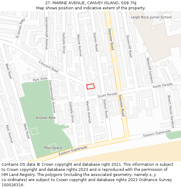 27, MARINE AVENUE, CANVEY ISLAND, SS8 7NJ: Location map and indicative extent of plot