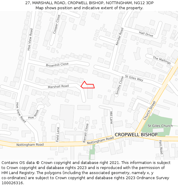 27, MARSHALL ROAD, CROPWELL BISHOP, NOTTINGHAM, NG12 3DP: Location map and indicative extent of plot