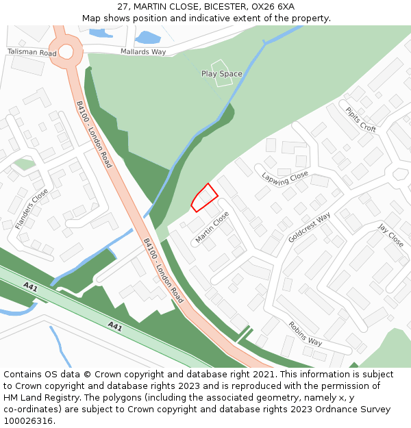 27, MARTIN CLOSE, BICESTER, OX26 6XA: Location map and indicative extent of plot