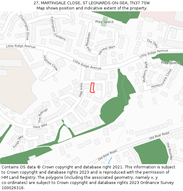 27, MARTINGALE CLOSE, ST LEONARDS-ON-SEA, TN37 7SW: Location map and indicative extent of plot