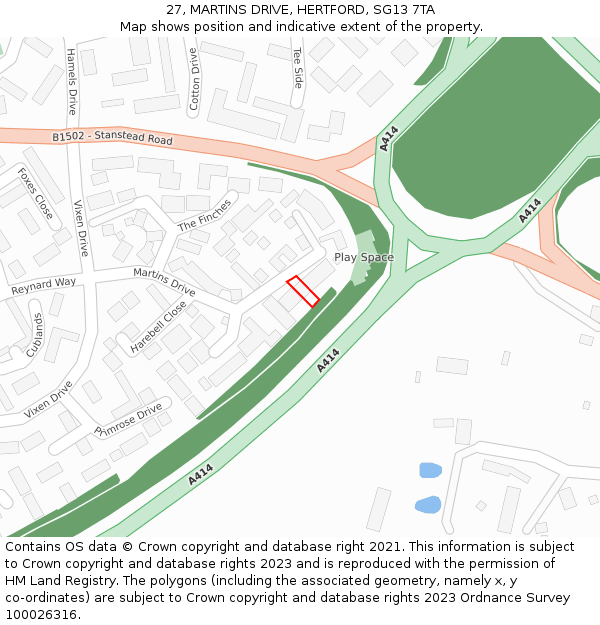 27, MARTINS DRIVE, HERTFORD, SG13 7TA: Location map and indicative extent of plot