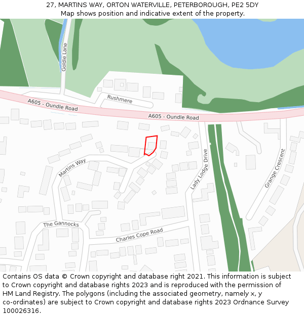 27, MARTINS WAY, ORTON WATERVILLE, PETERBOROUGH, PE2 5DY: Location map and indicative extent of plot