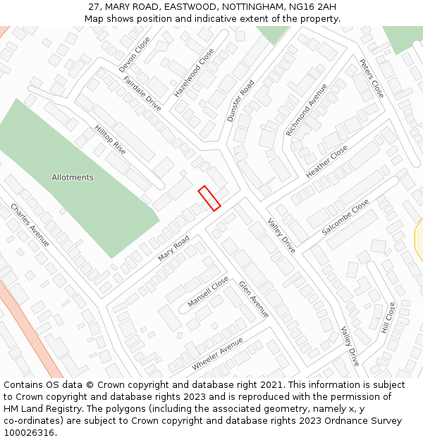 27, MARY ROAD, EASTWOOD, NOTTINGHAM, NG16 2AH: Location map and indicative extent of plot