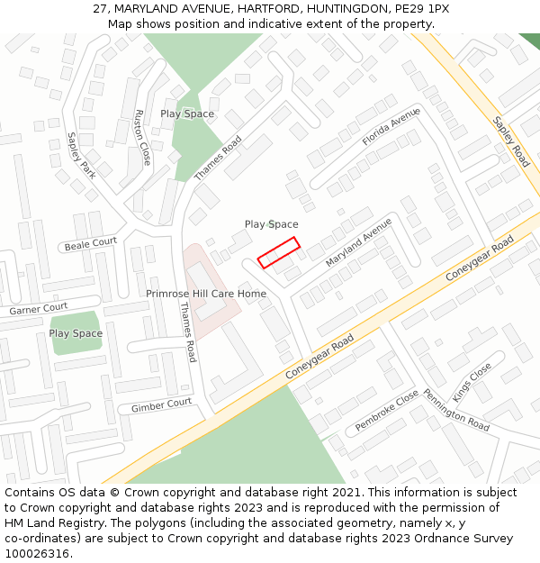 27, MARYLAND AVENUE, HARTFORD, HUNTINGDON, PE29 1PX: Location map and indicative extent of plot