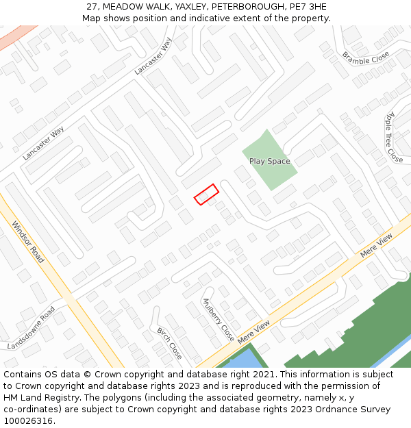 27, MEADOW WALK, YAXLEY, PETERBOROUGH, PE7 3HE: Location map and indicative extent of plot