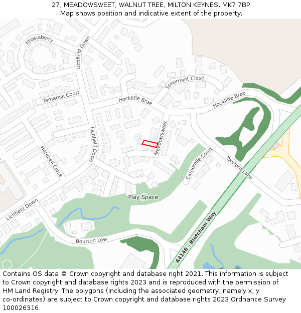 27, MEADOWSWEET, WALNUT TREE, MILTON KEYNES, MK7 7BP: Location map and indicative extent of plot
