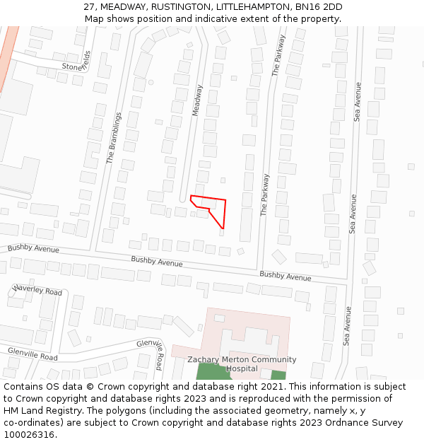 27, MEADWAY, RUSTINGTON, LITTLEHAMPTON, BN16 2DD: Location map and indicative extent of plot