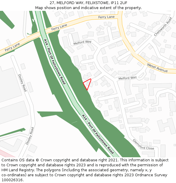 27, MELFORD WAY, FELIXSTOWE, IP11 2UF: Location map and indicative extent of plot