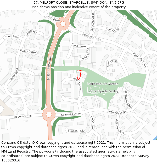 27, MELFORT CLOSE, SPARCELLS, SWINDON, SN5 5FG: Location map and indicative extent of plot