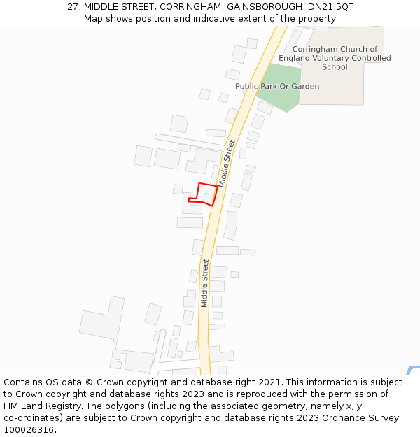 27, MIDDLE STREET, CORRINGHAM, GAINSBOROUGH, DN21 5QT: Location map and indicative extent of plot