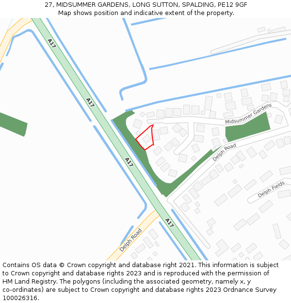 27, MIDSUMMER GARDENS, LONG SUTTON, SPALDING, PE12 9GF: Location map and indicative extent of plot