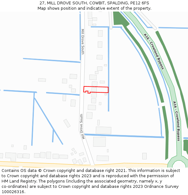 27, MILL DROVE SOUTH, COWBIT, SPALDING, PE12 6FS: Location map and indicative extent of plot