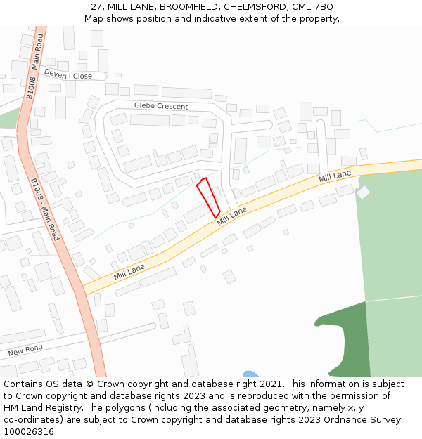 27, MILL LANE, BROOMFIELD, CHELMSFORD, CM1 7BQ: Location map and indicative extent of plot