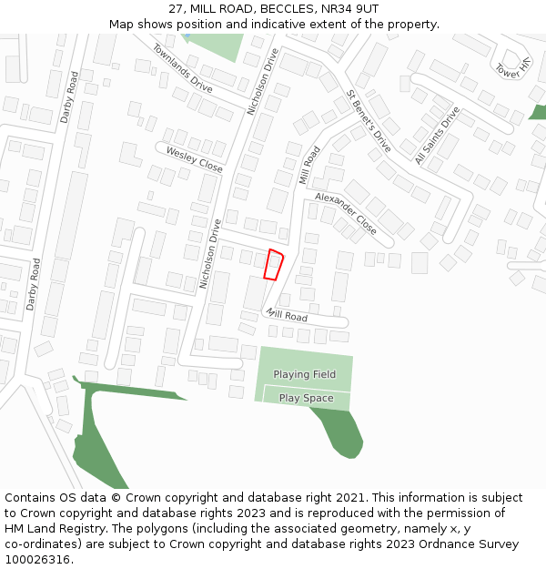 27, MILL ROAD, BECCLES, NR34 9UT: Location map and indicative extent of plot