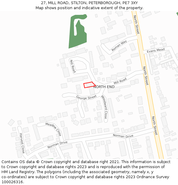 27, MILL ROAD, STILTON, PETERBOROUGH, PE7 3XY: Location map and indicative extent of plot
